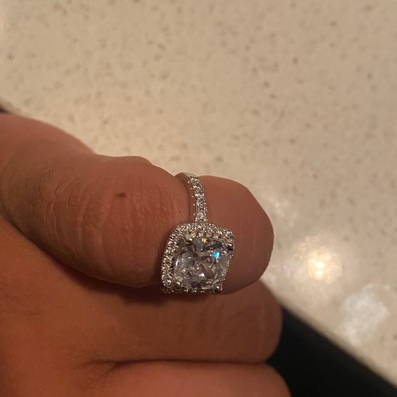 Halo Princess Cut Engagement Ring Stamped 925 Silver Partial Pave Band Two Sizes - Picture 12 of 15